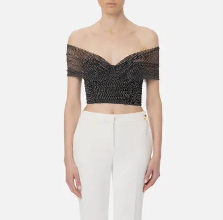 Top in tulle con stampa pois e scollo off-shoulders-Elisabetta Franchi