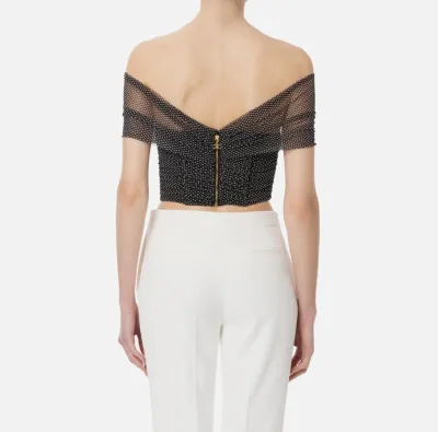 Top in tulle con stampa pois e scollo off-shoulders-Elisabetta Franchi