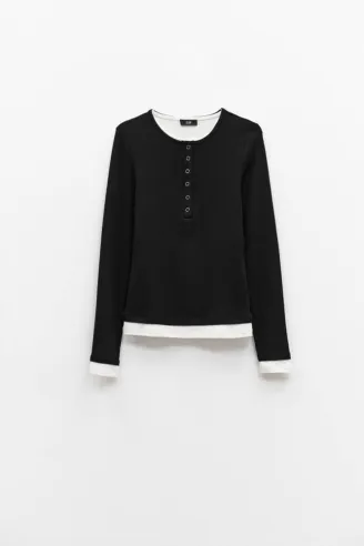 Eleh Maglia Nera con Bottoni e Doppio Fondo Bianco