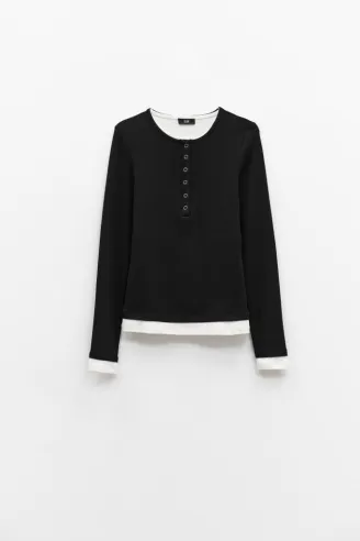 Eleh Maglia Nera con Bottoni e Doppio Fondo Bianco 2