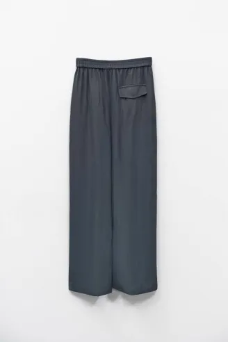 Eleh Pantalone Blu Fumo in Raso con Gamba Ampia e Vita Elasticizzata   2