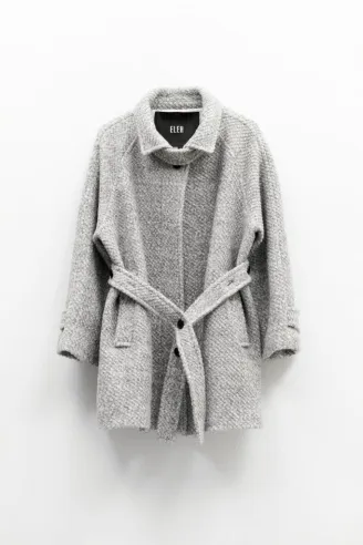 Eleh Cappotto Grigio Mélange in Lana con Cintura e Trama Intrecciata   2