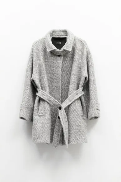 Eleh Cappotto Grigio Mélange in Lana con Cintura e Trama Intrecciata  
