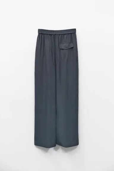 Eleh Pantalone Blu Fumo in Raso con Gamba Ampia e Vita Elasticizzata  