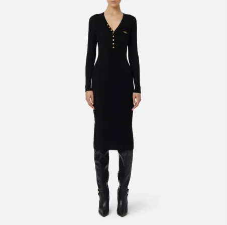 Elisabetta Franchi – Abito in maglia a costine con taschino decorativo