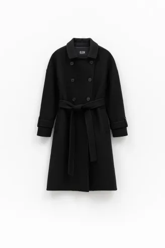 Eleh Cappotto Nero Doppiopetto con Cintura in Panno di Lana  | Borotal 2