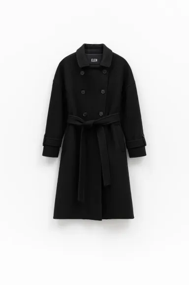 Eleh Cappotto Nero Doppiopetto con Cintura in Panno di Lana  | Borotal