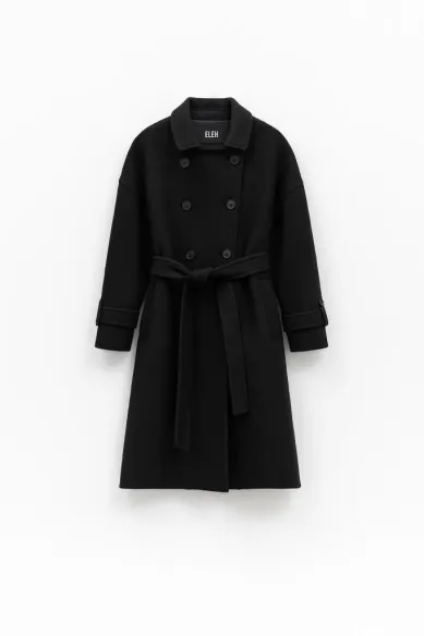 Eleh Cappotto Nero Doppiopetto con Cintura in Panno di Lana  | Borotal