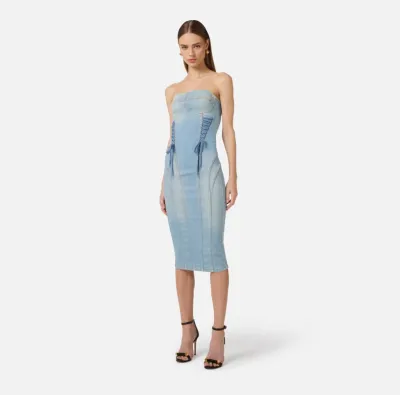 Elisabetta Franchi Abito in denim con lacci criss-cross  | BorotalcoCa