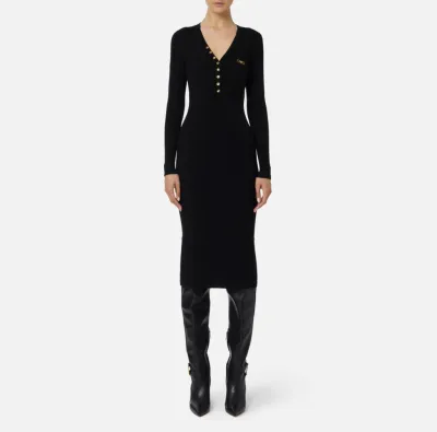 Elisabetta Franchi – Abito in maglia a costine con taschino decorativo