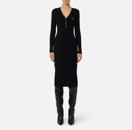 Elisabetta Franchi – Abito in maglia a costine con taschino decorativo