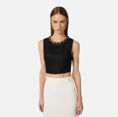 Elisabetta Franchi Top in misto lino con catena gioiello  | BorotalcoC