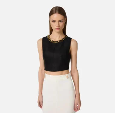 Elisabetta Franchi Top in misto lino con catena gioiello  | BorotalcoC