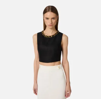 Elisabetta Franchi Top in misto lino con catena gioiello  | BorotalcoC