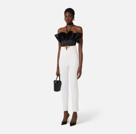 ELISABETTA FRANCHI Pantaloni in Doppio Crêpe Stretch con Dettagli Logo